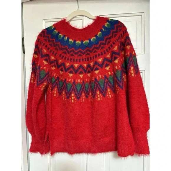 NWT Time And Tru Fair Isle Red Festive Fuzzy Sweater Sparkle Size Small S Cozy! - Picture 1 of 6